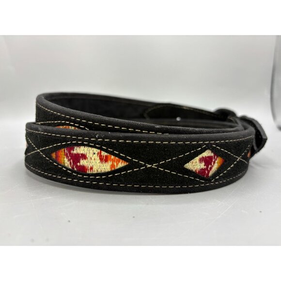 Black Suede Southwest Pattern Belt With Colorful Embroidered Inlay Aztec 43" - Picture 2 of 6